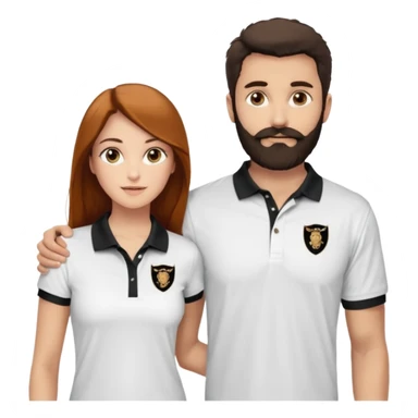 Criar Casal - Homem branco de cabelo liso e olhos marrom, com barba, expressão séria usando camiseta polo preta e mulher de pele branca cabelo cacheado marrom longo e olhos mel, usando uma regata branca, quero ela sorrindo sticker