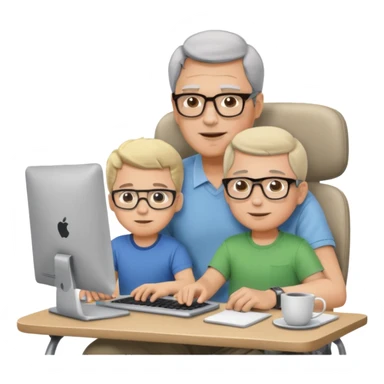 Middle aged man with glasses working at his desk, with his child sitting behind him on the head rest of his chair looking at his computer sticker