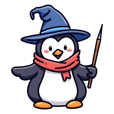 Penguin dressed as a wizard with a magical wand and pointy wizard hat sticker
