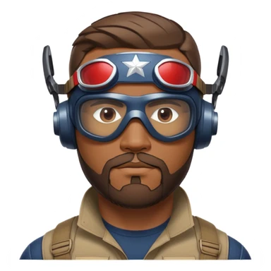 sam wilson with very short hair, close to the scalp and  a well-groomed beard that connects to his mustache,  wear sleek, red-tinted tactical goggles fit snugly from captain america: civil war sticker