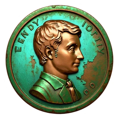 3D render of Old Penny, heavily oxidized copper texture, verdigris patina, Brown coin turning green on edges, weathered bronze aesthetic, ancient decay, Apple emoji style, isolated on white background --v 6.0. sticker