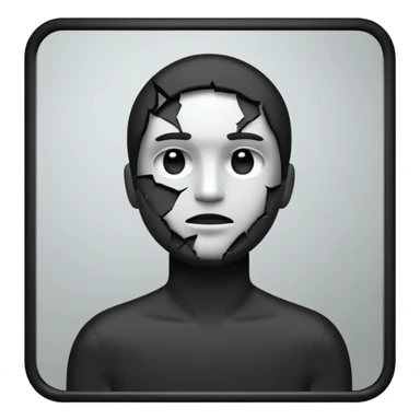 Minimalist emoji-style sticker of a person standing in front of a cracked mirror. The mirror shows a dark shadowy silhouette or distorted figure instead of a reflection. Flat black and white design with muted gray tones. No text. Bold, clean lines. Square composition. No shading or gradients. sticker
