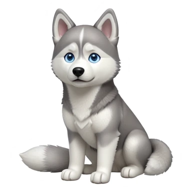cinematic-[siberian husky]-realistic-full-body-standing-emoji,-tail-resting-loosely-beside-its-paws,blue eyes-head-tilted-dramatically, -fluffy-[grey and white]-fur,-simplified-yet-realistic-focused-features,-highly-detailed,-glowing-with-an-almost-sarcastic-glow sticker