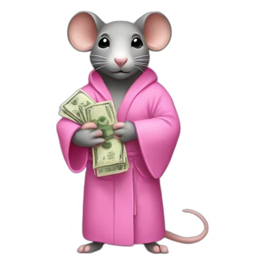 a rat female with a pink bathrobe , holding a bunch of money sticker