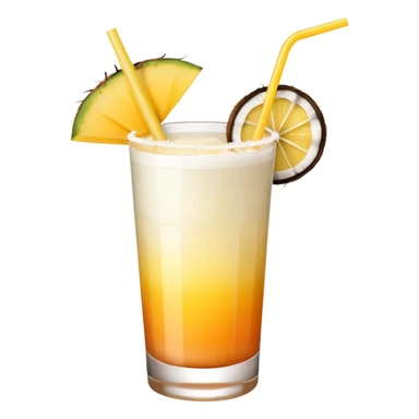 A beautiful cocktail with a creamy white to orange gradient, containing coconut juice and mango, reminiscent of summer. Above, there are tropical flowers, lemon slices, and straws. sticker