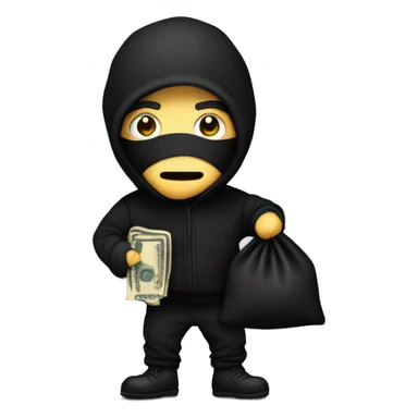 Thief wearing all black clothes actively stealing a money bag with the words Top Tier embroidered on it sticker