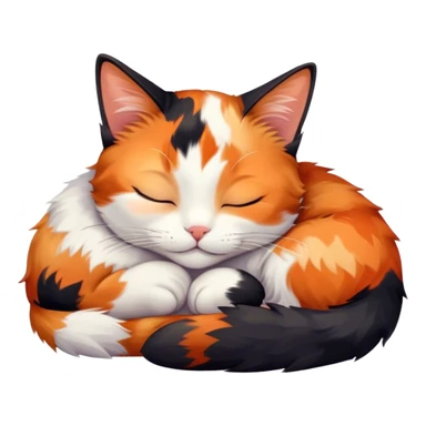 Meme-Worthy Cute Sleeping Calico Cat Portrait Emoji, Head resting peacefully with a content, gentle smile and softly closed eyes, featuring a delicate patchwork fur in vibrant orange, black, and white hues, simplified yet irresistibly endearing, highly detailed, glowing with a soft, drowsy radiance, high shine, exuding relaxed and utterly lovable charm, styled with a gentle, soft glowing outline, capturing the essence of a sleeping calico cat that appears destined to become a viral icon of adorable rest! sticker