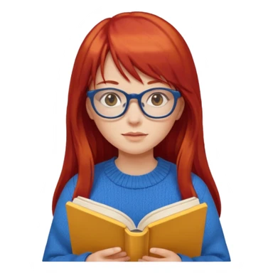 a girl with long red hair and bangs with glasses wearing blue sweater reading a yellow cover book sticker