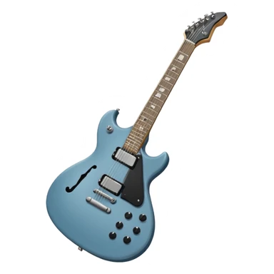 A gray-blue electric guitar with a black pick guard and only one volume knob, make the head tan sticker
