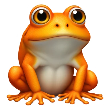 an orange frog with a white mark on its chest. the white mark should be in the shape of a flame, but there's no flame involved in the photo itself, just the shape of the fur sticker