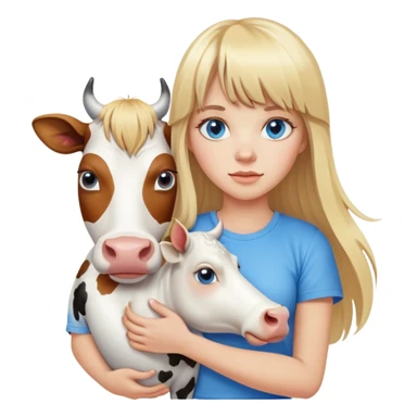 Woman whit hair long and blonde bangs in front, blue eyes, white t shirt carry a cow  sticker