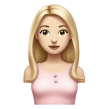 Girl with dirty blonde, straight hair medium length past shoulders , blue/grey eyes with semi long lashes, pale but not albino, freckles mostly on and around the nose, button nose, not thick but not thin lips with a small cupids bow shape, facing front on with shoulders and up wearing a light pink coquette  sticker