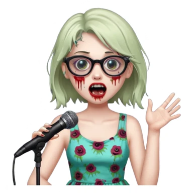 singer, Zombie girl, super happy, wearing dress, singing to mic, glasses sticker