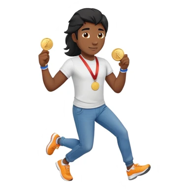 friendly anthropomorphised black stallion in jeans and a t-shirt, jogging upright in relaxed pose, holding a medal sticker