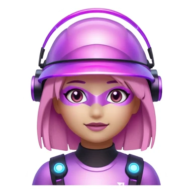 “Futuristic Roblox girl emoji, 2050 style. Pink-purple holo visor, light-strand hair, digital eyes sparkle, metallic pastel glow, neon aura background.” sticker