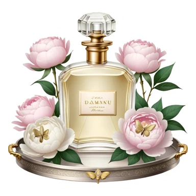 A dreamy still life of a vintage perfume bottle collection with golden embellishments, set on an antique silver tray, surrounded by lush white peonies and soft pink roses, with an iridescent pearl butterfly perched on a golden stopper.
 sticker