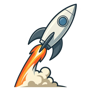 simple rocket ship blasting off, dynamic and sleek, general style sticker