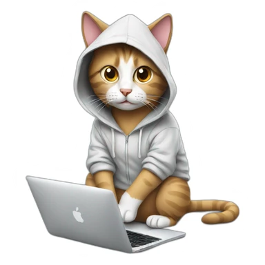 cat with hoodie and a macbook sticker