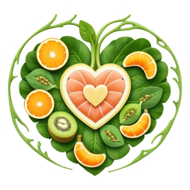 Banana, spinach leaves, salmon, kiwi, pistachios, and orange juice floating in a circle around a glowing heart that pulses with steady rhythm. Waves of electrical energy connect the foods to the heart, muscles, and nerve pathways, showing how potassium regulates fluid balance and electrical signals. sticker