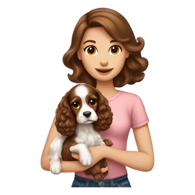Beautiful stylish girl with brown hair holding in her arms puppy English Cocker Spaniel sticker