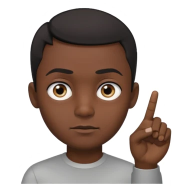 Male with a big head, dark skin, eyes looking to the side, pointer finger touching the outside corner of the eye sticker