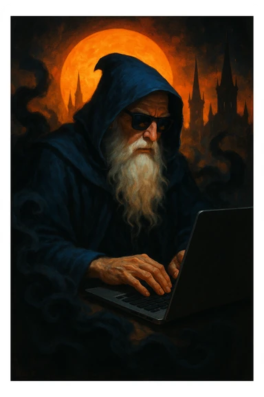 A powerful wizard, white beard and blue hooded cloak, wearing sunglasses, using a laptop. Surrounded by dark smoke, with a glowing orange sun or moon and gothic spires silhouetted in the background. Rich color contrast: warm orange/yellow sky, deep blue/black shadows. sticker