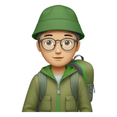 A Korean man with rectangle, frameless glasses, he is skinny and tall, wears a green hat and a green zipper and has a grey backpack and carries a dslr camera  sticker