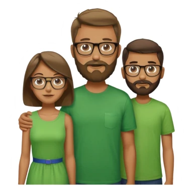 A family consisting of a man who's bearded, tanned, wearing glasses, a woman, slightly tanned, and a 14 year old teenage boy, slightly tanned, wearing a green t-shirt sticker