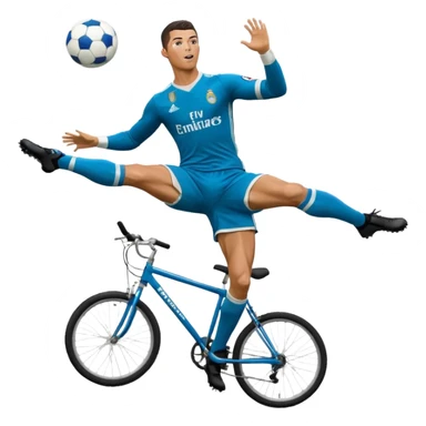 Ronaldo doing a bicycle kick with football in mid air While wearing a Retro blue Real madrid kit and yes i want it to be exactly the same as he Scored it in 2018 vs Juventus  sticker