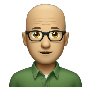 mid aged jewish man with shaved head in rectangular black glasses and green button up shirt sticker