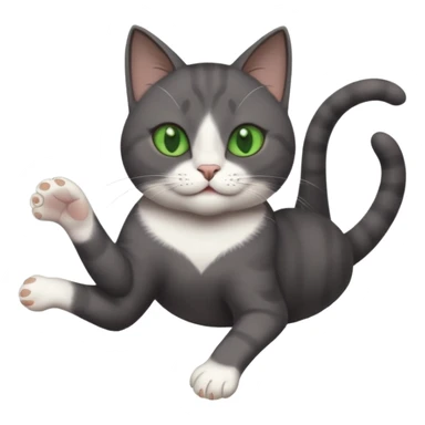 dark grey cat with green eyes, white toes/paws and white patch on her chest playfully rolling upside down sticker