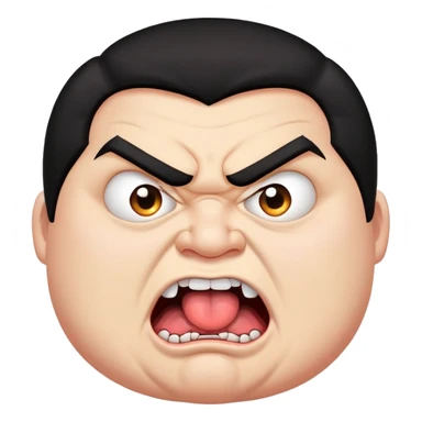 young angry fat man in profile view with black hair, fangs, crossed eyes, long tongue sticking out sticker