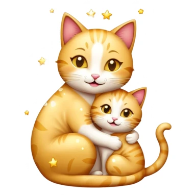 happy mom cat hugging her happy kitten, surrounded by sparkles, emoji style sticker