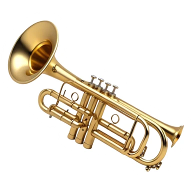 Create a sleek and professional emoji representing a Stomvi trumpet. The design should showcase the shiny, polished brass body of the trumpet with its distinct bell, valves, and tuning slides. Highlight the intricate keywork and the valve pistons, with detailed metallic accents and subtle reflections on the surface. The mouthpiece should be visible at the top of the instrument. Use golden and brass tones with light reflections to emphasize the smooth, high-quality finish. Add a few musical notes floating around the trumpet to evoke its bright and resonant sound. The background should be transparent. sticker