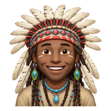 Black American man dark brown with dreads with a American Indian headdress with a laughing hard sticker