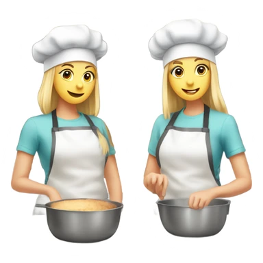 To teenage girls are blonde and a brunette baking they’re wearing baking hats and standing beside each other. One is whisper in a bowl and the other is baking something else. sticker