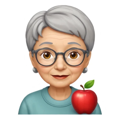 emoji of an elderly woman with wrinkles, short hair, glasses, friendly expression, Apple emoji style sticker