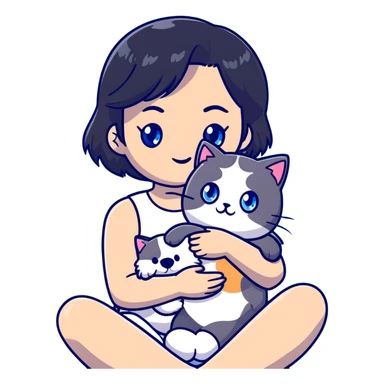 Cute Asian girl with black hair cradling a fluffy ragdoll cat with blue eyes sticker