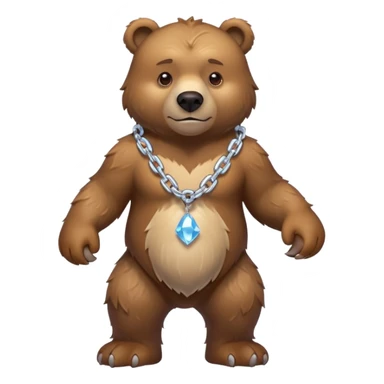 Fierce brown bear walking on four paws with an ice chain necklace, frozen chain links made of crystal clear ice, serious face sticker