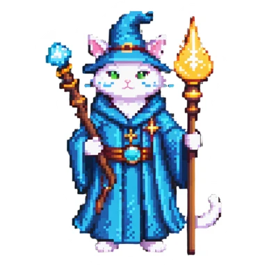 cat wizard with a magical staff and wizard robe sticker