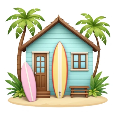 Hawaiian bungalow house, pastel colors, wooden porch, surfboard leaning on wall, palm leaves, tropical vibe, cute mobile game icon style, 3D cartoon, clean background, no text
 sticker