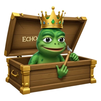 Emoji of an empty wooden coffin with its lid on top, the word ‘ECHO’ carved into the side panel. The coffin is shown from the outside. A king-like Pepe the Frog, standing outside the coffin, is hammering nails into the lid to seal it shut. No character is inside the coffin. Not a treasure chest. sticker