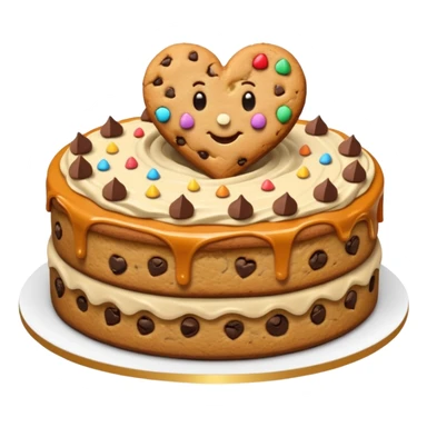 Chocolate chip cookie cake with caramel frosting and golden heart shaped sprinkles sticker