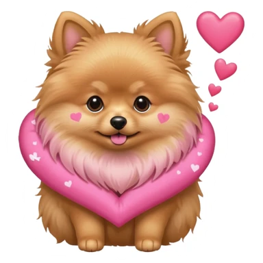 A Tan Pomeranian holding a pink star with hearts sticker