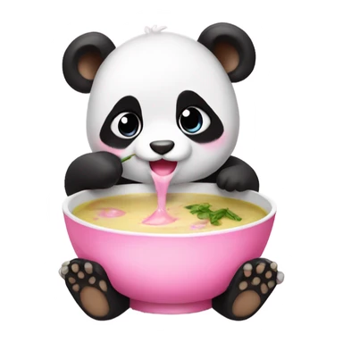 Baby panda with pink bow eating big bowl of soup sticker