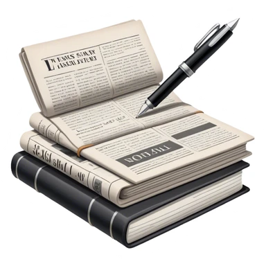 Create an emoji representing journalism and publicistic writing. The design should feature a stack of newspapers, an open notebook with visible text, and a single fountain pen placed near the notebook, symbolizing the act of writing. Use neutral, professional colors like black, white, and muted tones to convey a sense of seriousness and intellect. Do not include any emojis or smiley faces. Make the background transparent. sticker