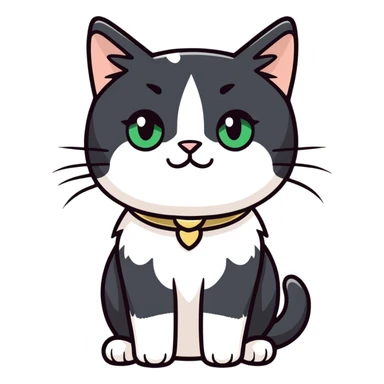 Female Tuxedo domestic short hair, more white than black similar to a cow, green/gold eyes, no bowtie sticker