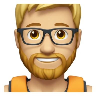 Joshua has short, light brown hair with blonde highlights, a full beard, blue eyes, and glasses with a thin frame. He has a muscular build with broad shoulders, visible abs, fair tan skin, and often wears a smartwatch. sticker