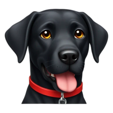 A black dog labrador with a red collar sticker