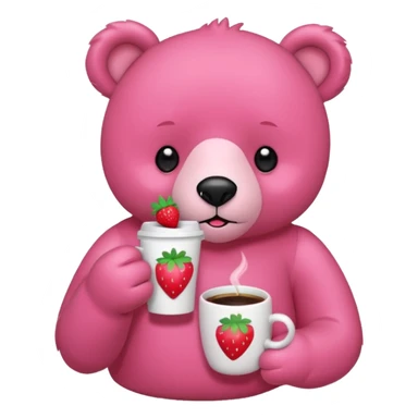 A pink bear is holding a strawberry and drinking coffee with a transparent background in a teenager hand-drawn, 2D, japanese charectors like, style sticker